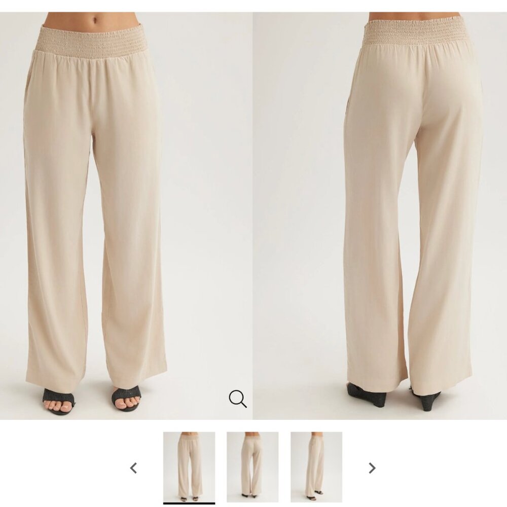 Bella Dahl Smocked Waist Wide Leg Linen Pant - Sand - L - Excellent